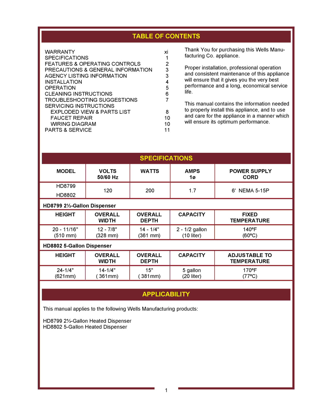 Bloomfield HD8802, HD8799 owner manual Table of Contents 