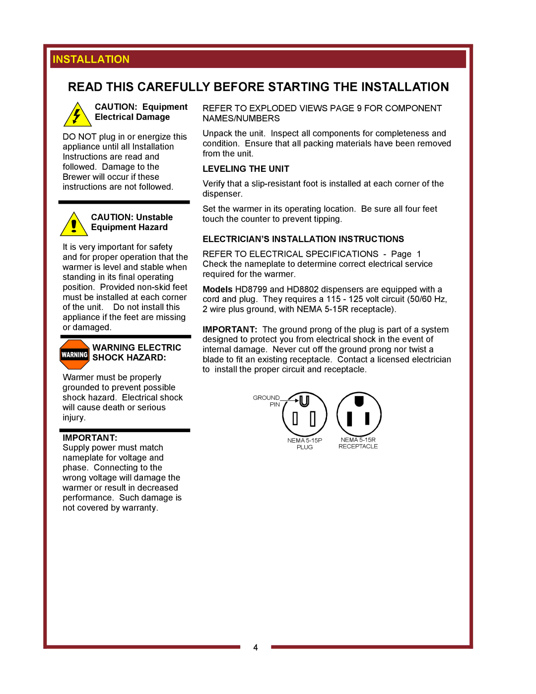 Bloomfield HD8799, HD8802 owner manual Equipment Hazard, Leveling the Unit, ELECTRICIAN’S Installation Instructions 