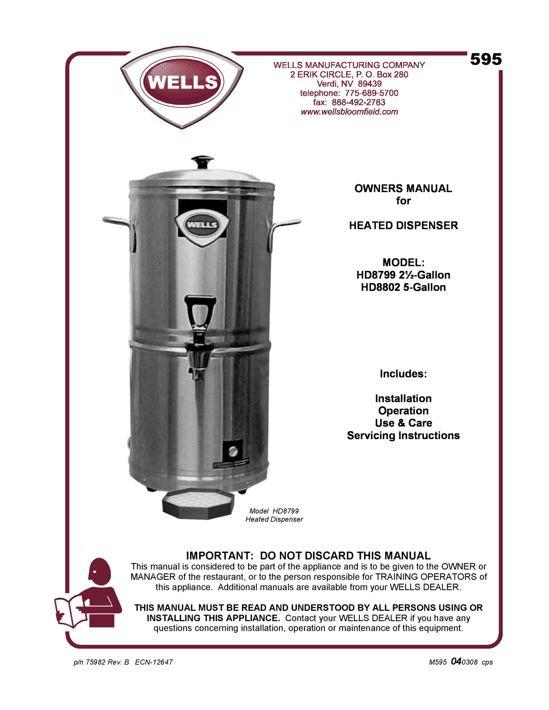 Bloomfield HD8799 owner manual HD8802 5-Gallon Includes Installation Operation Use & Care, Servicing Instructions 