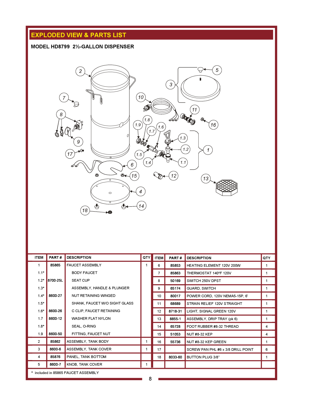 Bloomfield HD8799, HD8802 owner manual Exploded View & Parts List, Part #, Description 