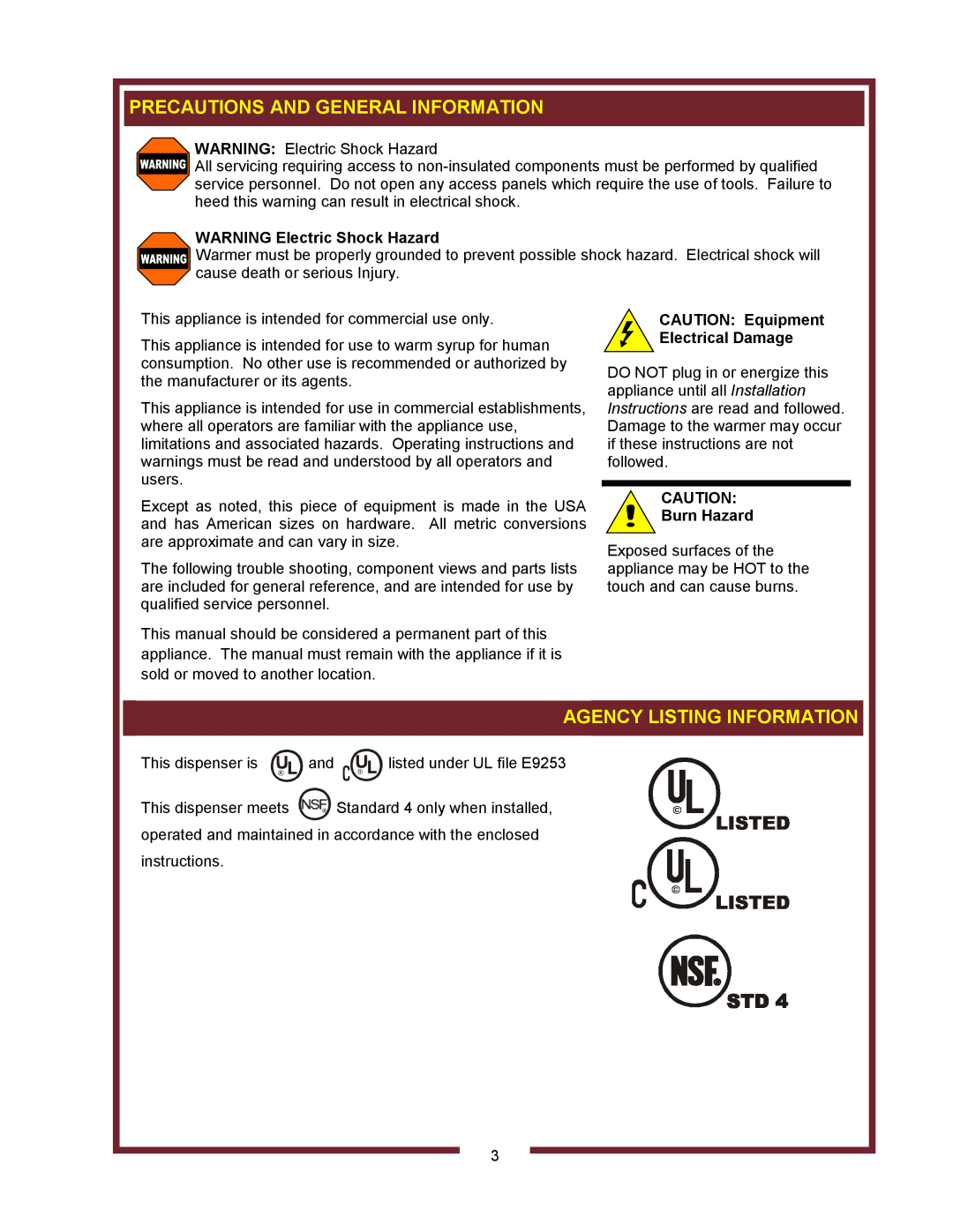 Bloomfield HD8802, HD8799 Precautions And General Information, Agency Listing Information, WARNING Electric Shock Hazard 