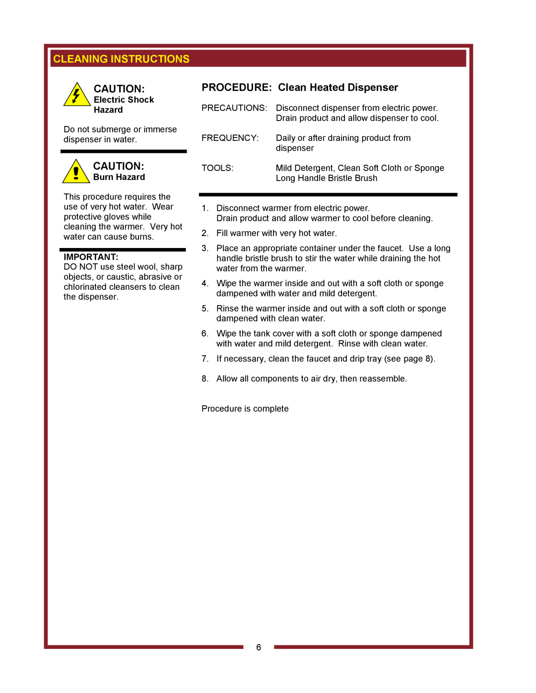 Bloomfield HD8799, HD8802 owner manual Cleaning Instructions, PROCEDURE Clean Heated Dispenser 
