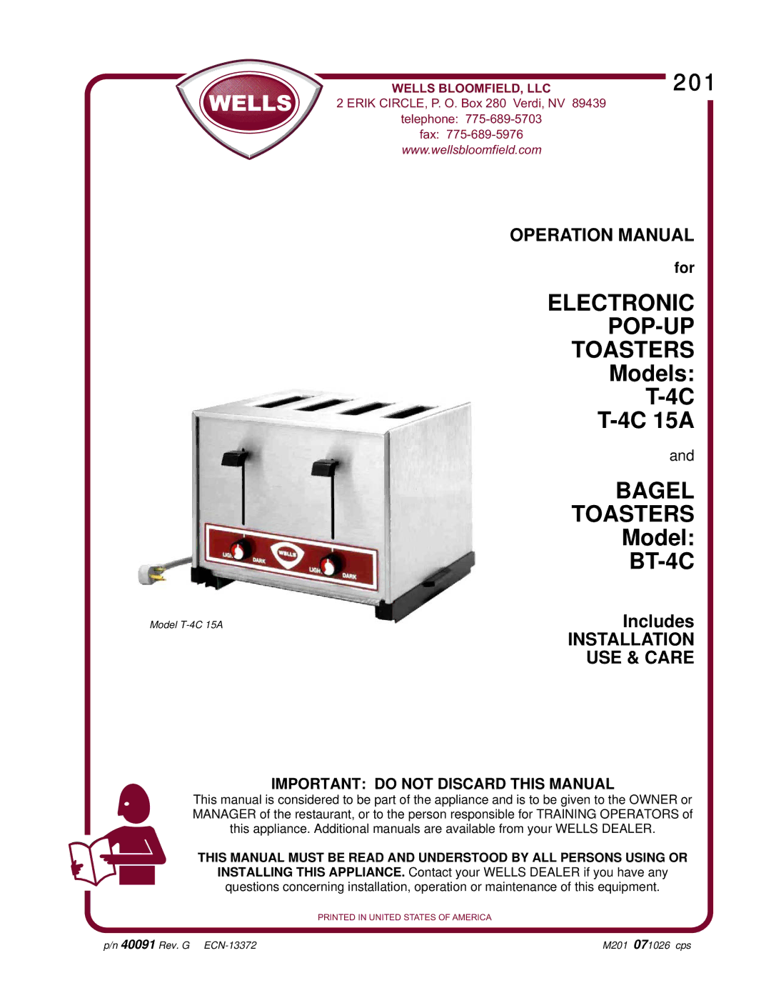 Bloomfield BT-4C, T-4C 15A operation manual Electronic POP-UP Toasters 