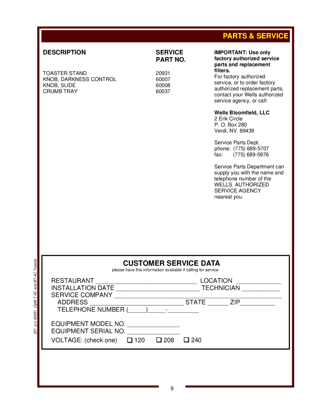 Bloomfield T-4C 15A, BT-4C operation manual Parts & Service 