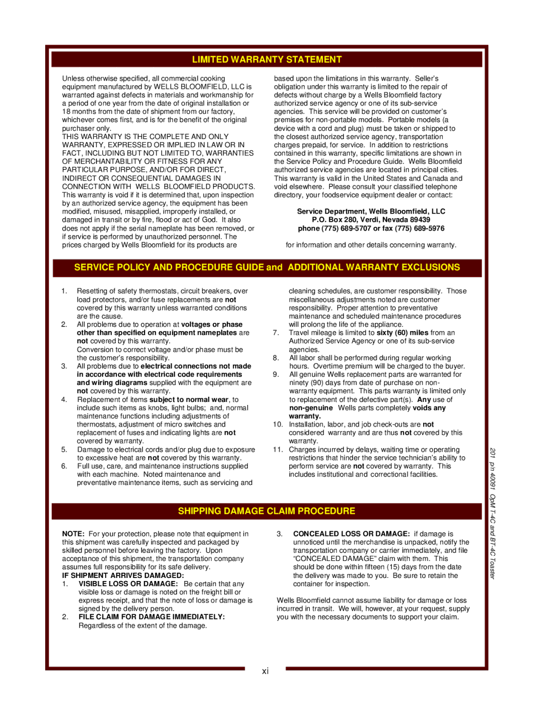 Bloomfield T-4C 15A operation manual 201 p/n 40091 OpM T-4C and BT-4C Toaster 