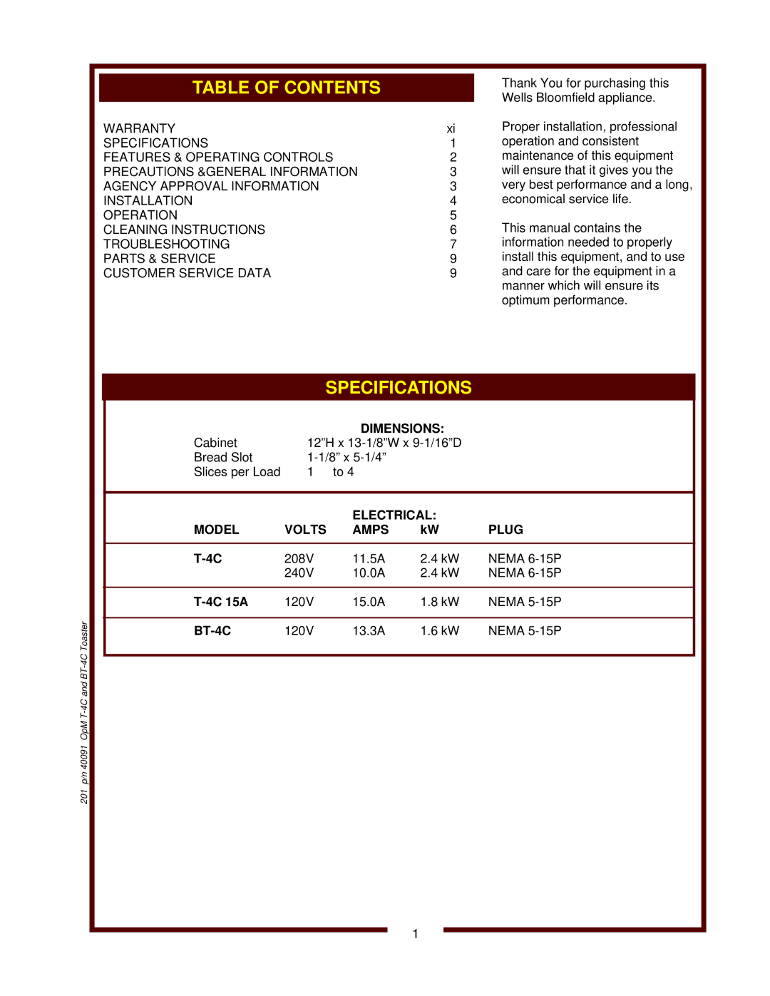 Bloomfield T-4C 15A operation manual 201 p/n 40091 OpM T-4C and BT-4C Toaster 