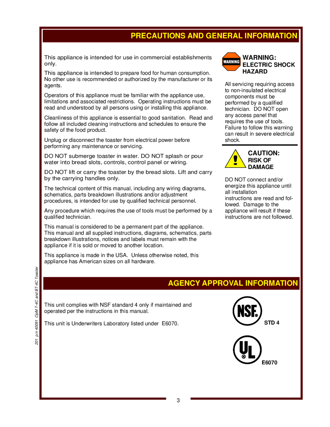 Bloomfield T-4C 15A, BT-4C operation manual Agency Approval Information 