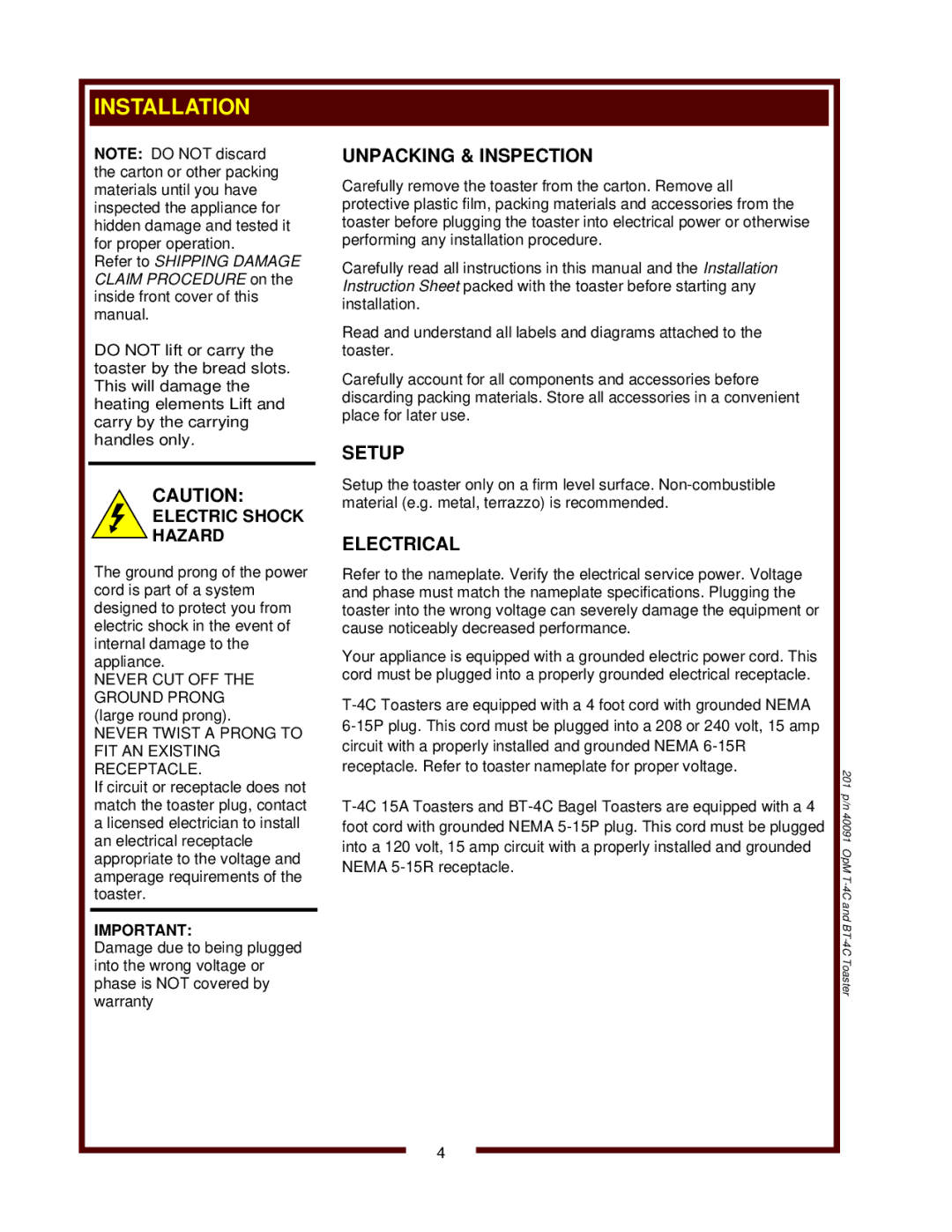 Bloomfield T-4C 15A operation manual 201 p/n 40091 OpM T-4C and BT-4C Toaster 