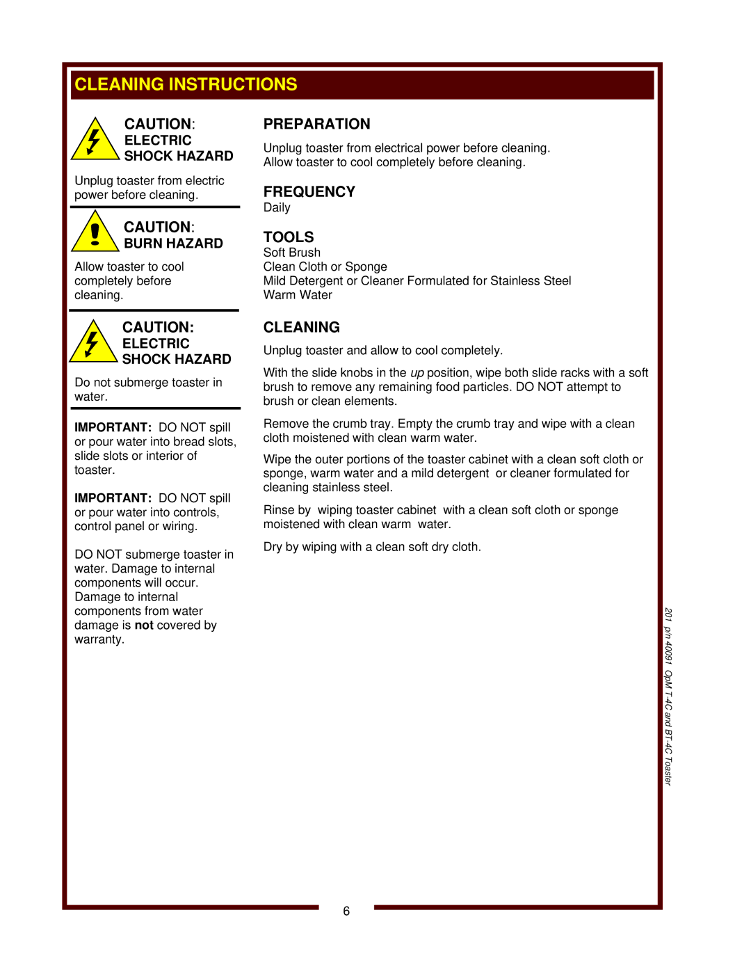 Bloomfield T-4C 15A operation manual 201 p/n 40091 OpM T-4C and BT-4C Toaster 