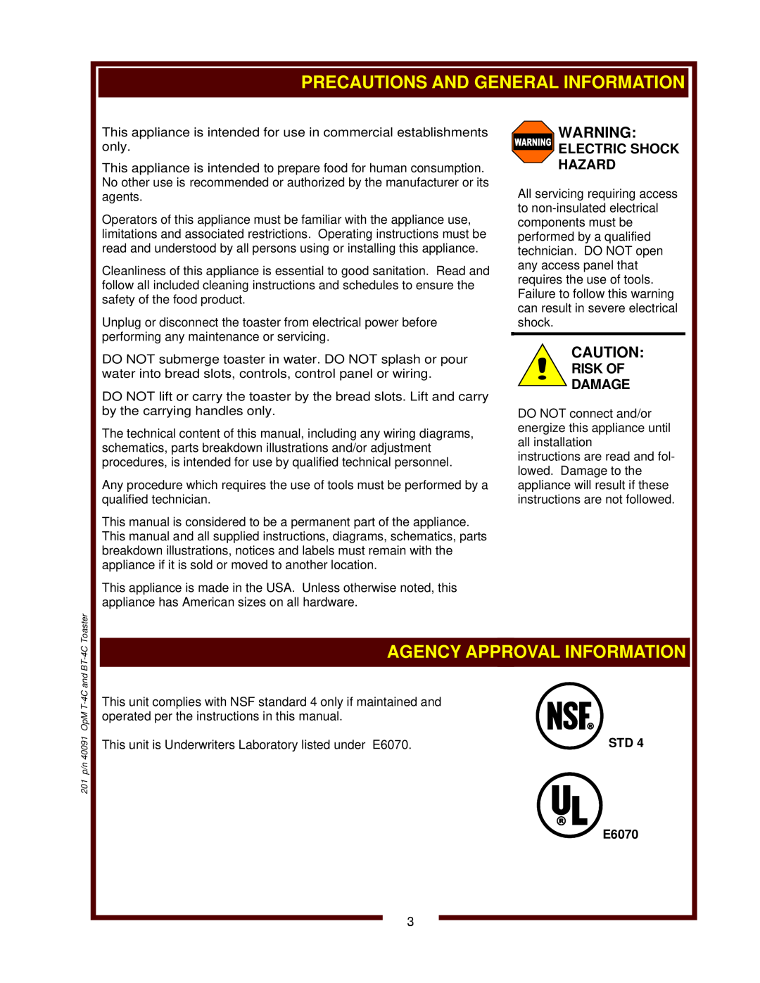 Bloomfield T-4C 15A operation manual Agency Approval Information, STD E6070, 201 p/n 40091 OpM T-4Cand BT-4CToaster 