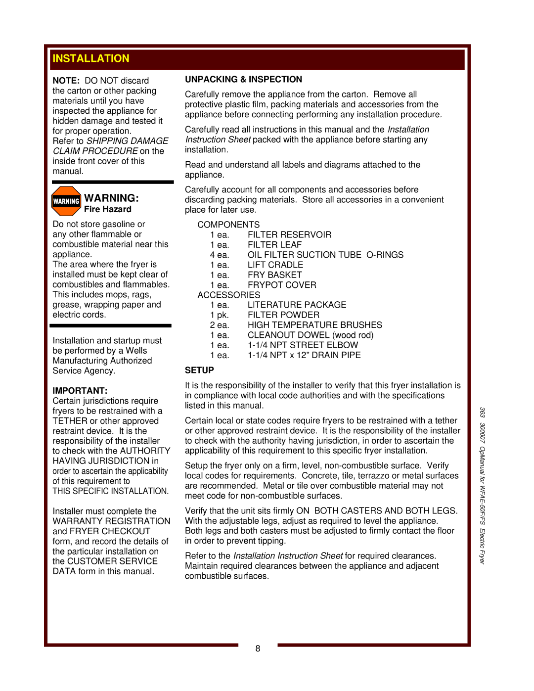 Bloomfield WFAE-55FS operation manual 363 300007 OpManual for WFAE-50F/FS Electric Fryer 