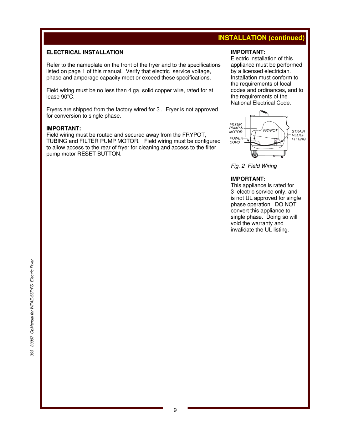 Bloomfield WFAE-55FS operation manual Field Wiring 