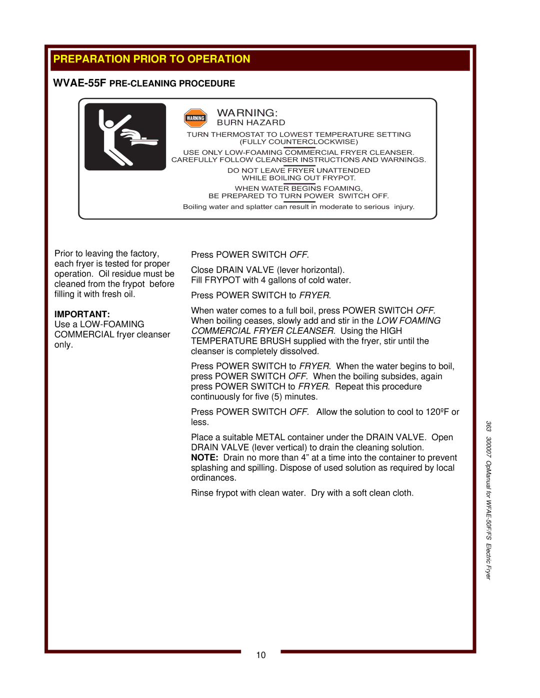 Bloomfield WFAE-55FS operation manual WVAE-55FPRE-CLEANING Procedure, Burn Hazard 