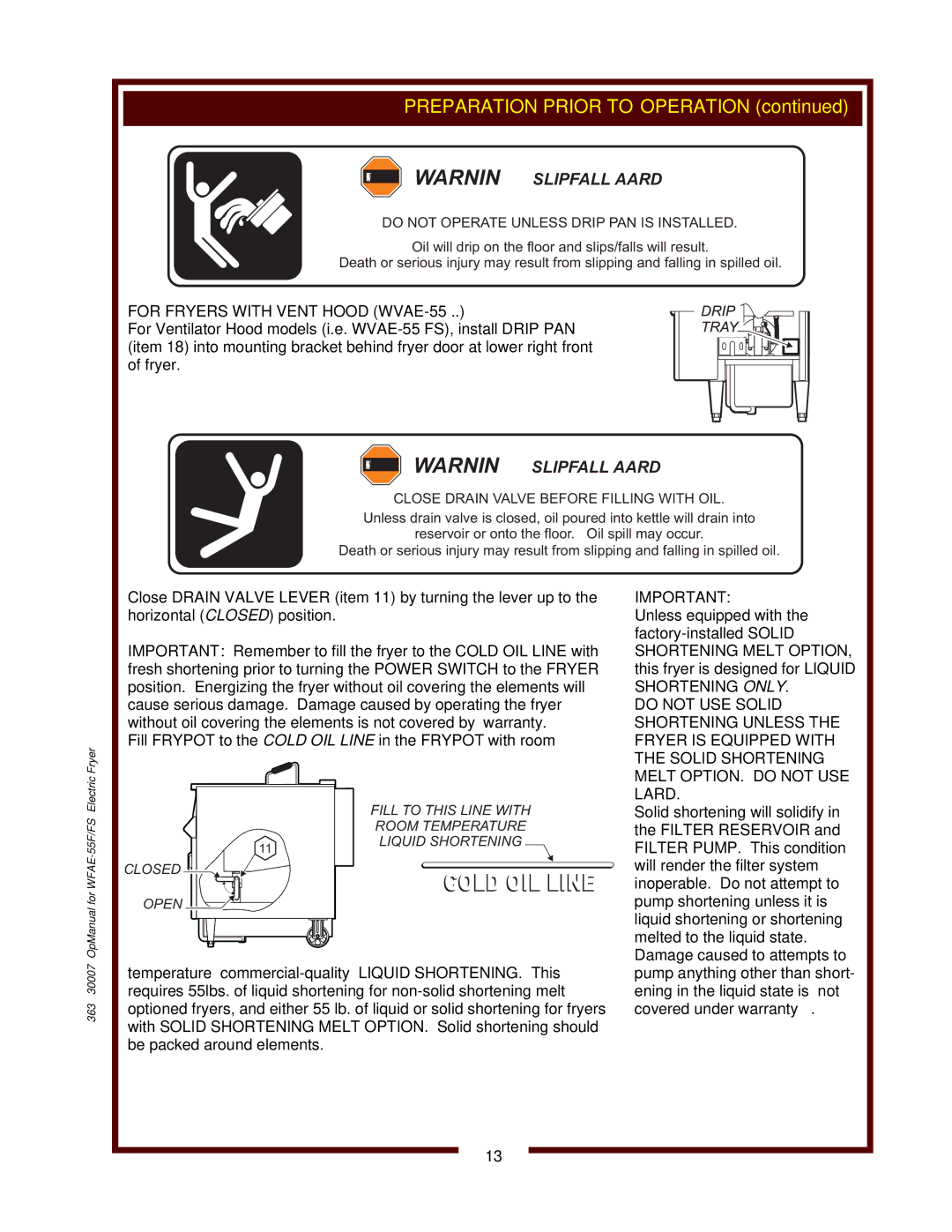 Bloomfield WFAE-55FS operation manual For Fryers with Vent Hood WVAE-55…, Solid Shortening Melt OPTION. do not USE Lard 