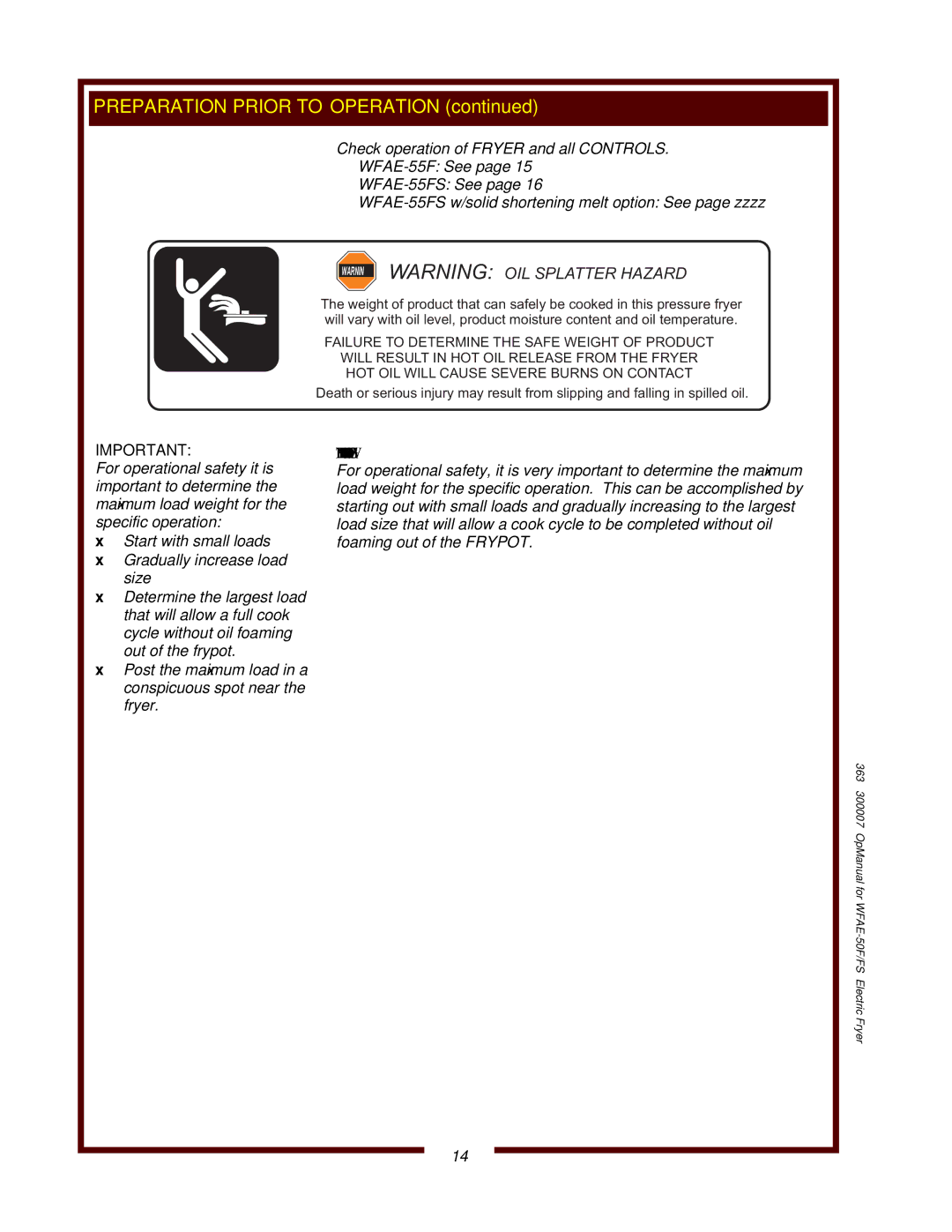 Bloomfield WFAE-55FS operation manual Determine Maximum Load Weight 