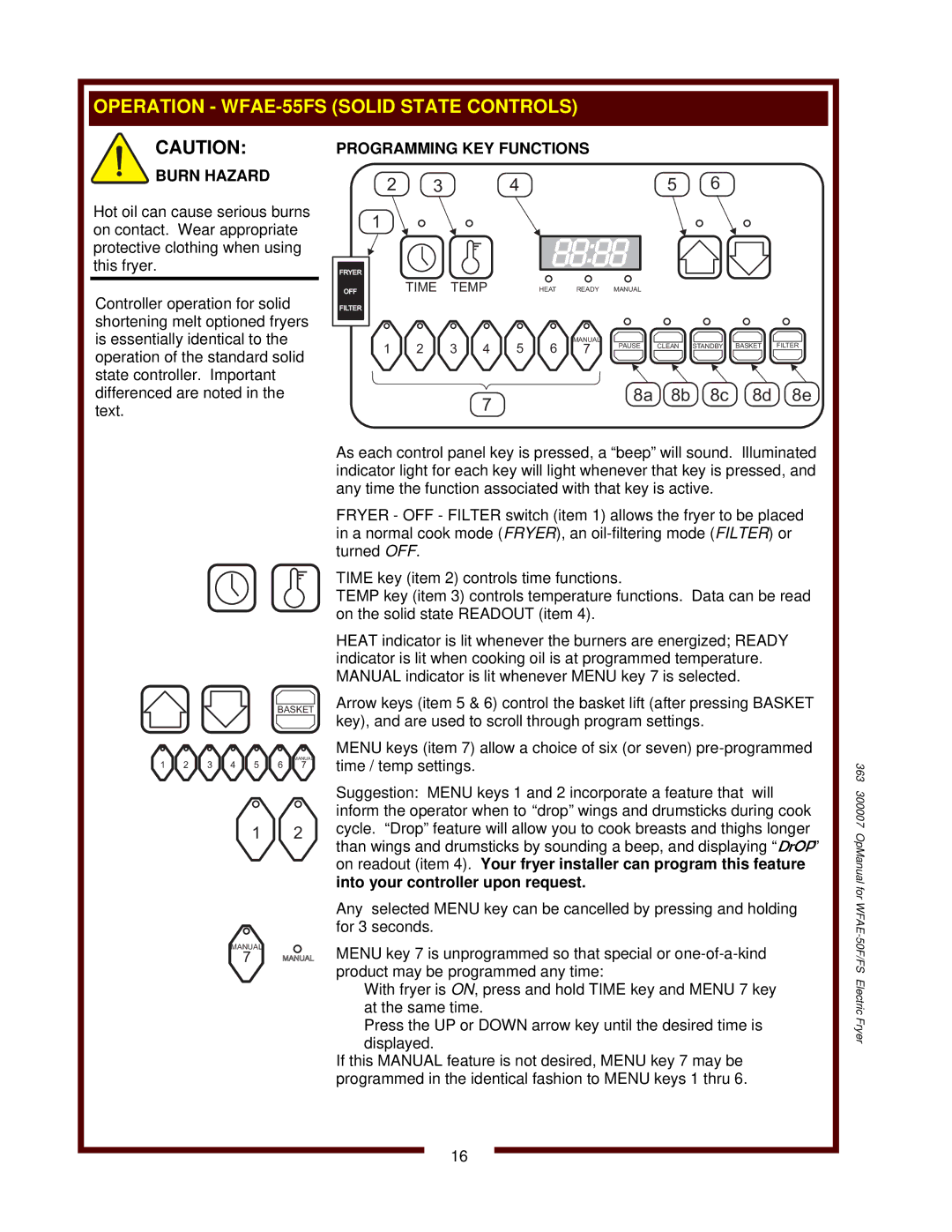 Bloomfield WFAE-55FS operation manual Programming KEY Functions 