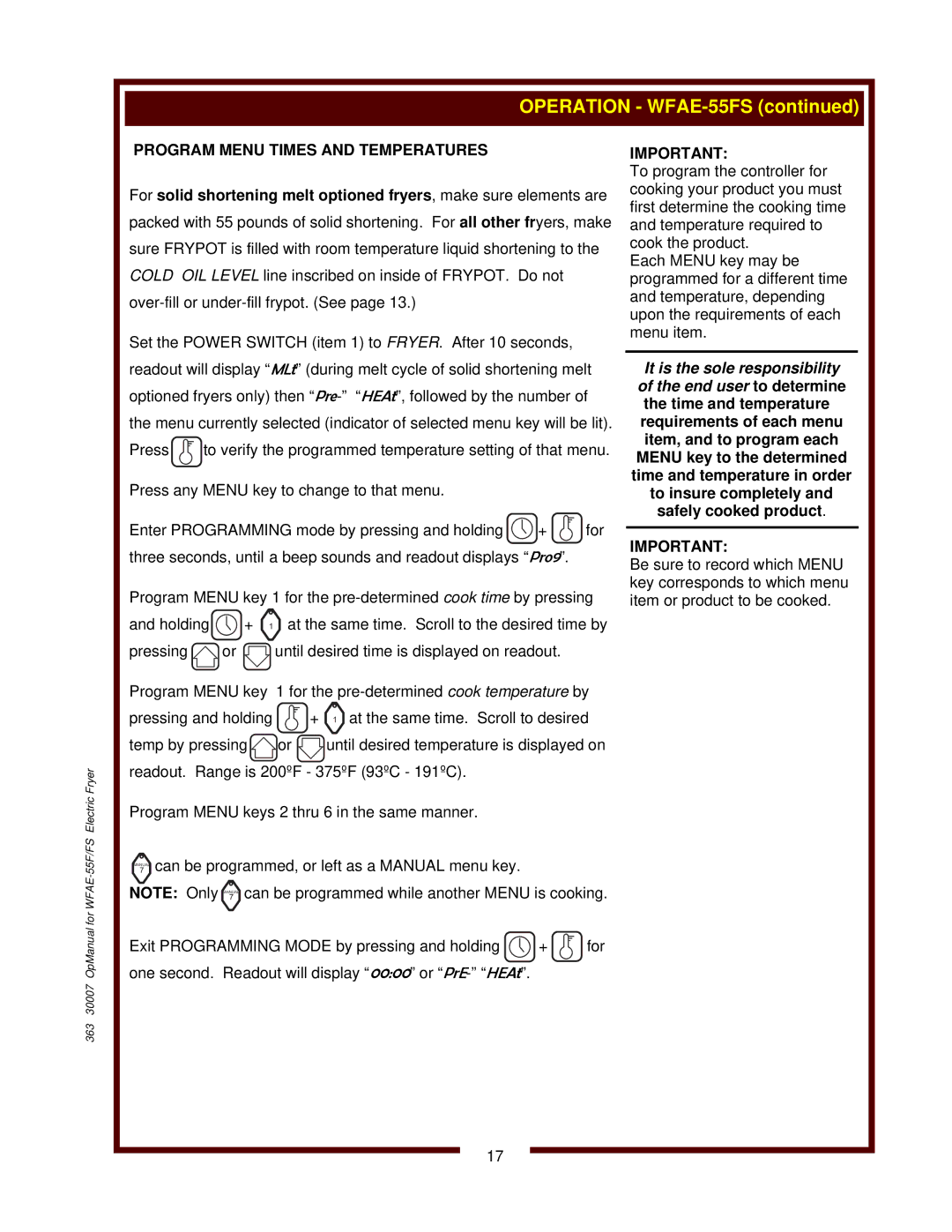 Bloomfield WFAE-55FS operation manual Program Menu Times and Temperatures 