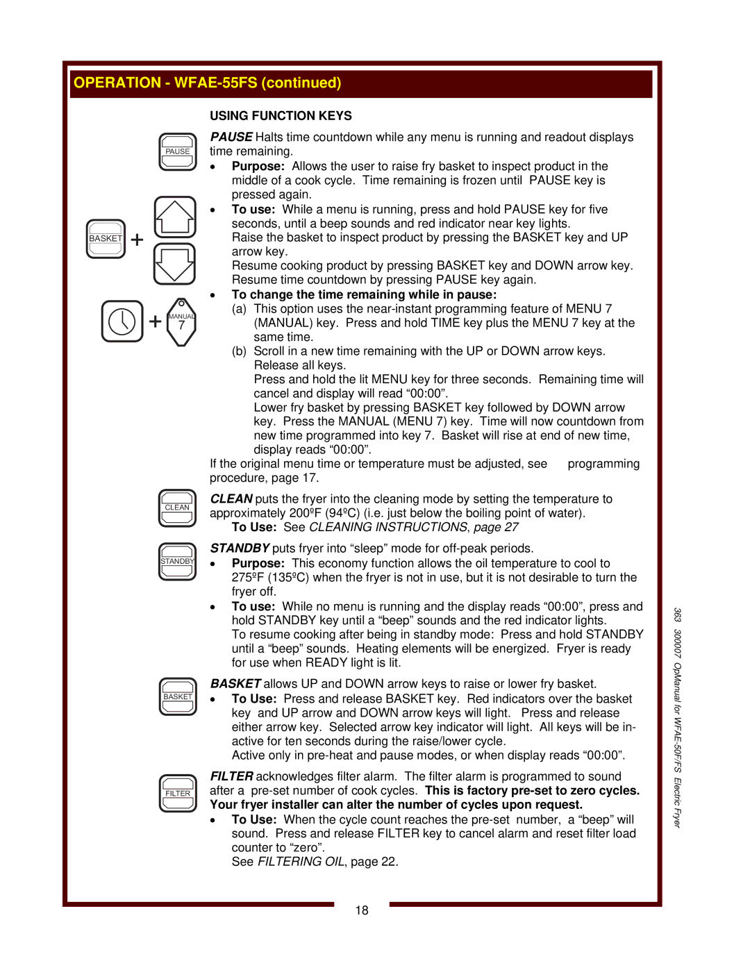 Bloomfield operation manual Operation WFAE-55FS, Using Function Keys 