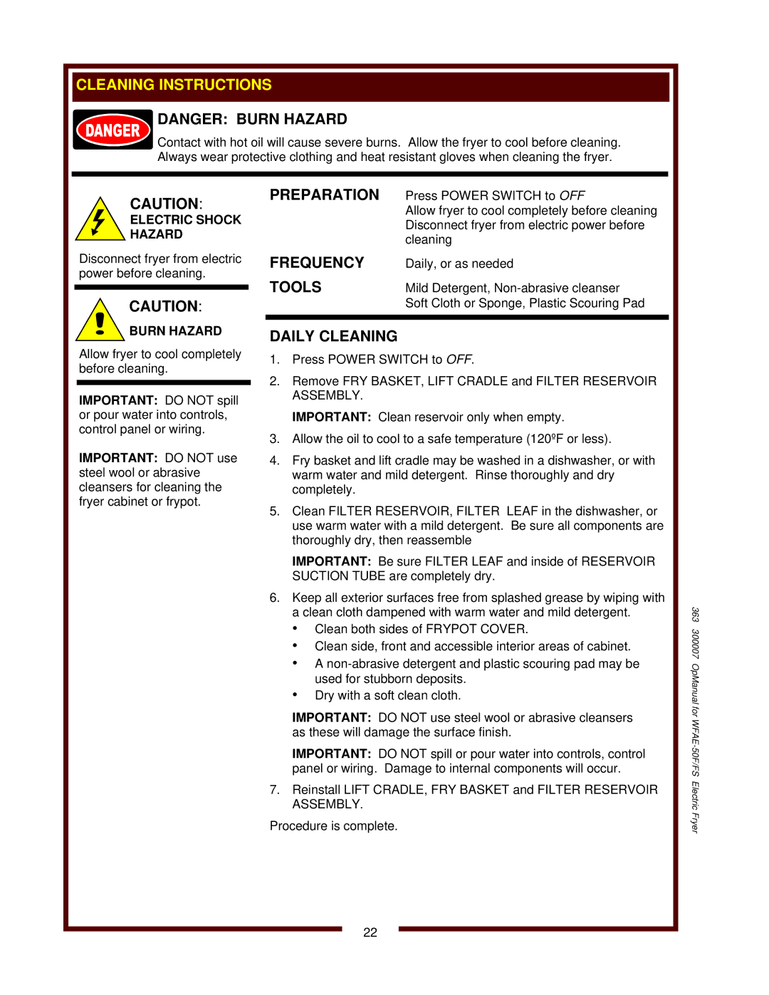 Bloomfield WFAE-55FS operation manual Cleaning Instructions, Electric Shock Hazard 