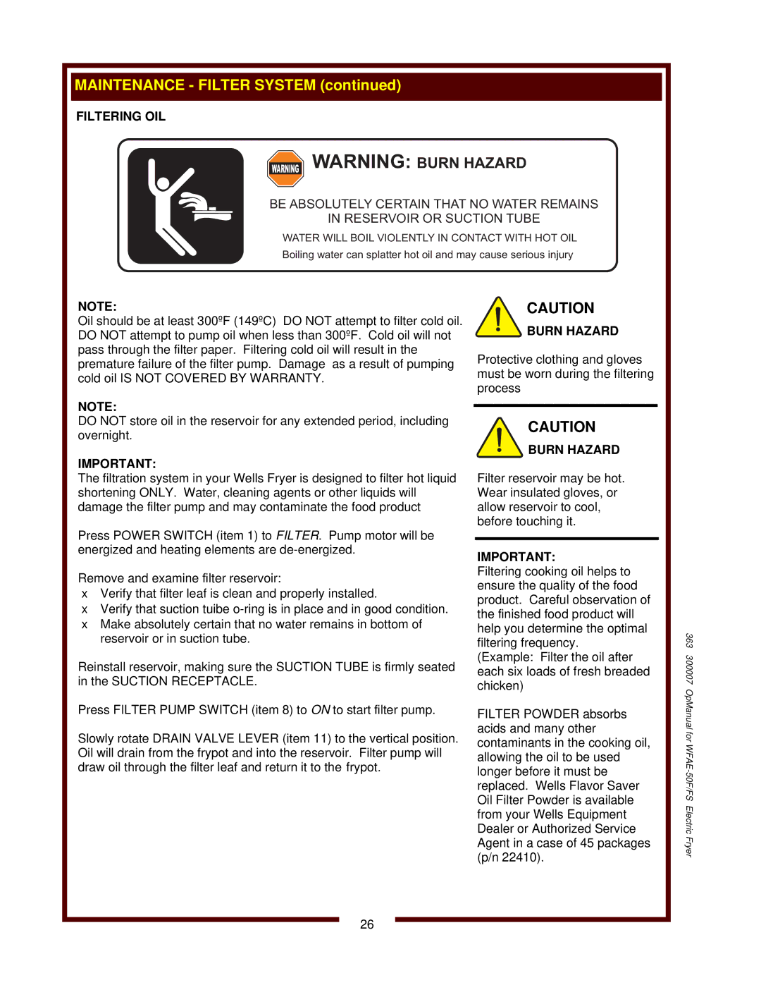 Bloomfield WFAE-55FS operation manual Filtering OIL, Burn Hazard 