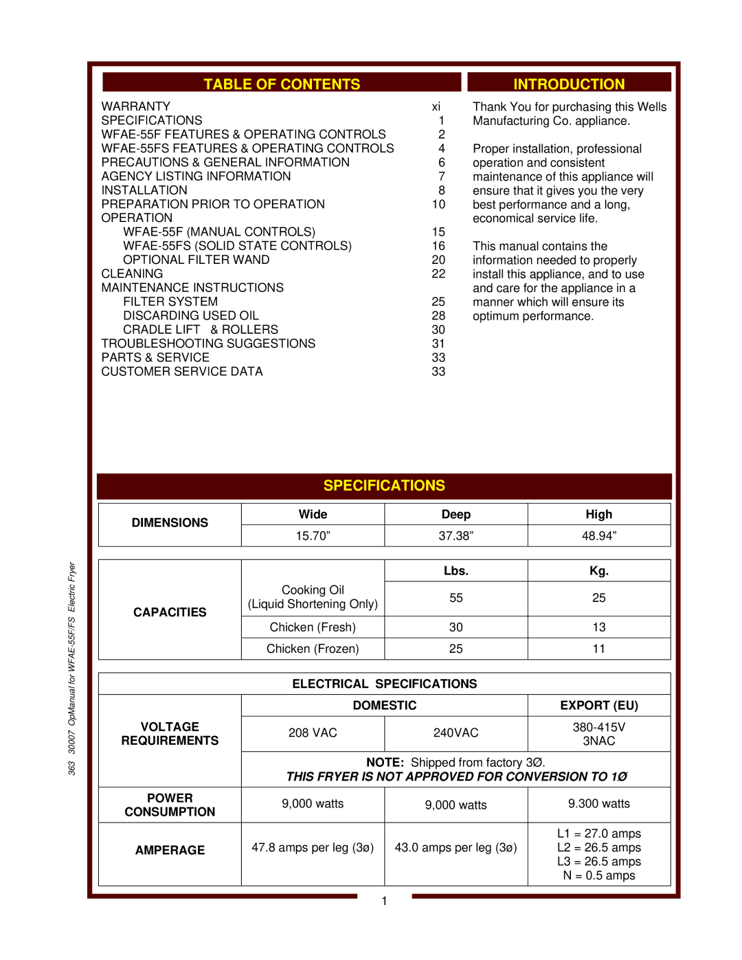 Bloomfield WFAE-55FS Dimensions, Capacities, Electrical Specifications Domestic Export EU Voltage, Requirements, Power 