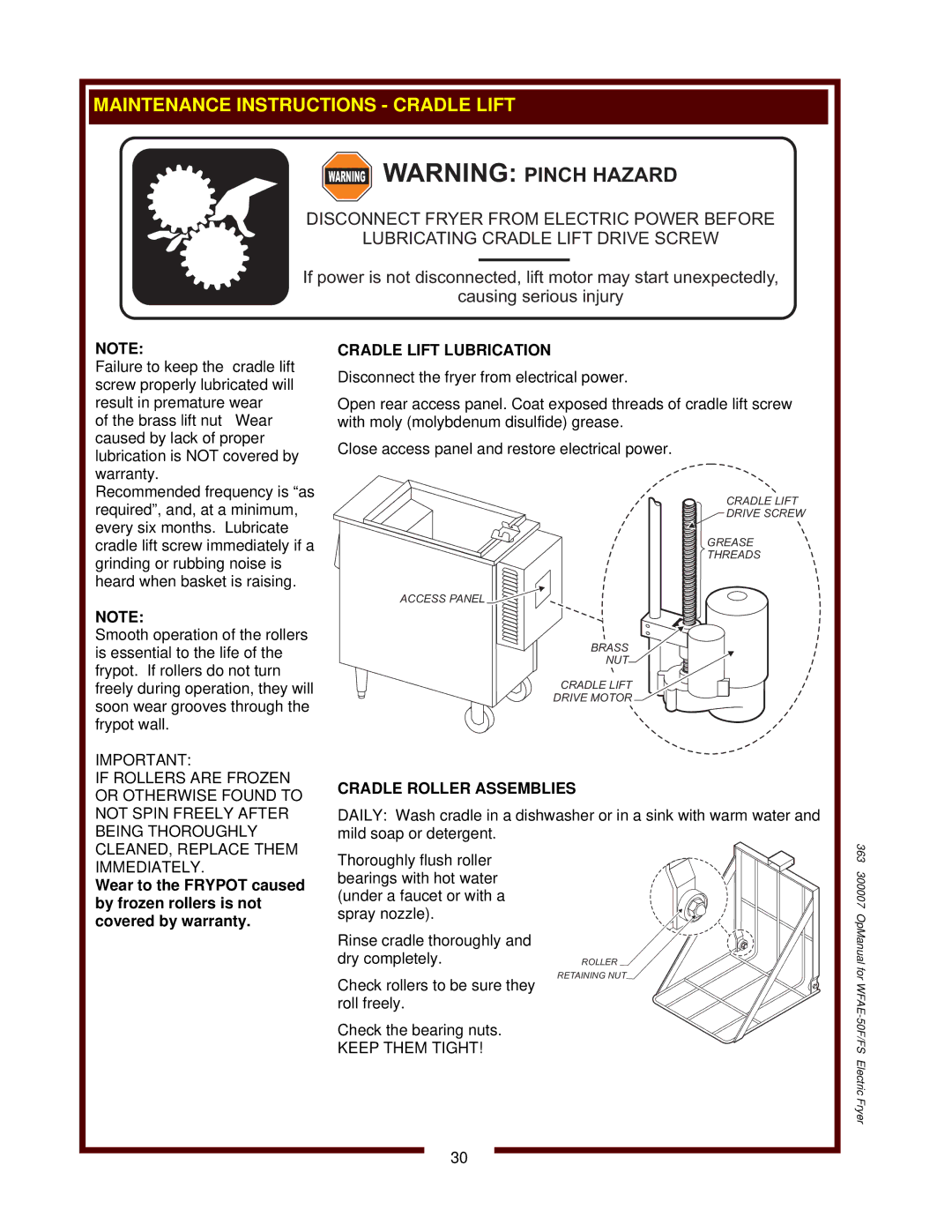 Bloomfield WFAE-55FS operation manual Cradle Lift Lubrication, Cradle Roller Assemblies, Immediately, Keep Them Tight 