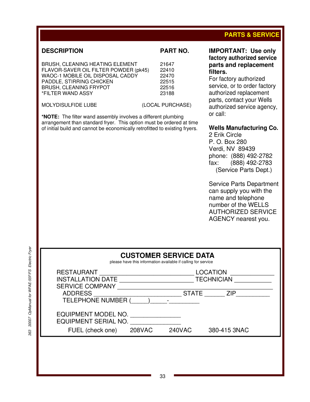 Bloomfield WFAE-55FS operation manual 363 30007 OpManual for WFAE-55F/FS Electric Fryer 