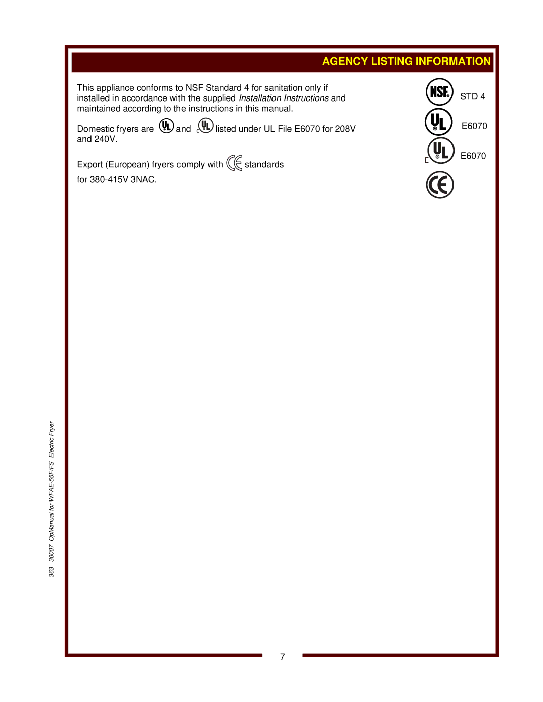 Bloomfield WFAE-55FS operation manual Std, E6070 