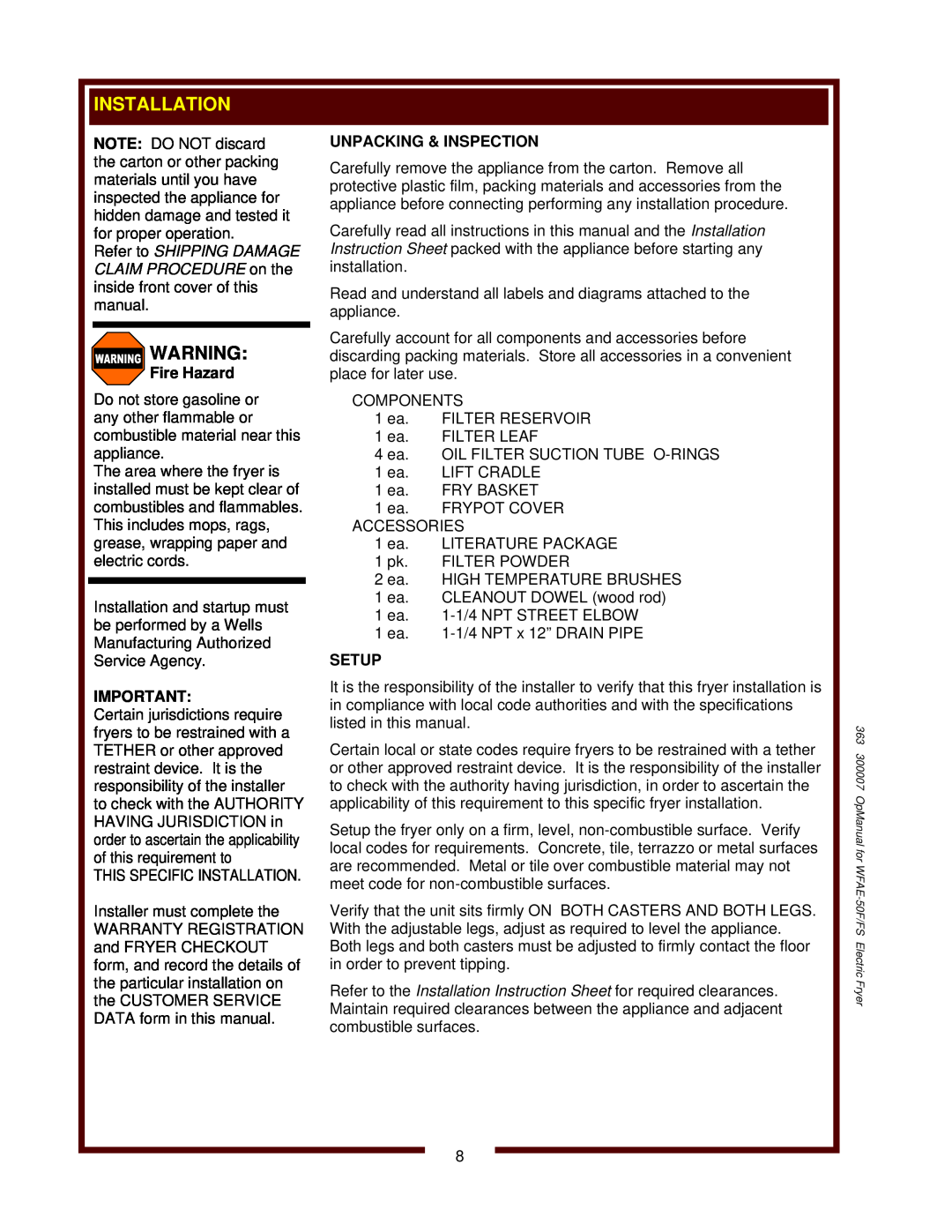 Bloomfield WFAE-55FS operation manual 363 300007 OpManual for WFAE-50F/FS Electric Fryer 