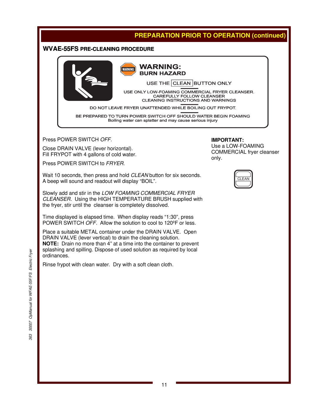 Bloomfield WFAE-55FS operation manual Warning Warning, WVAE-55FS PRE-CLEANING PROCEDURE, Burn Hazard 