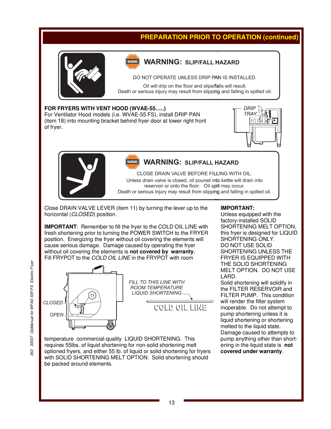 Bloomfield WFAE-55FS operation manual Warning Slip/Fall Hazard, FOR FRYERS WITH VENT HOOD WVAE-55…, Cold Oil Line 