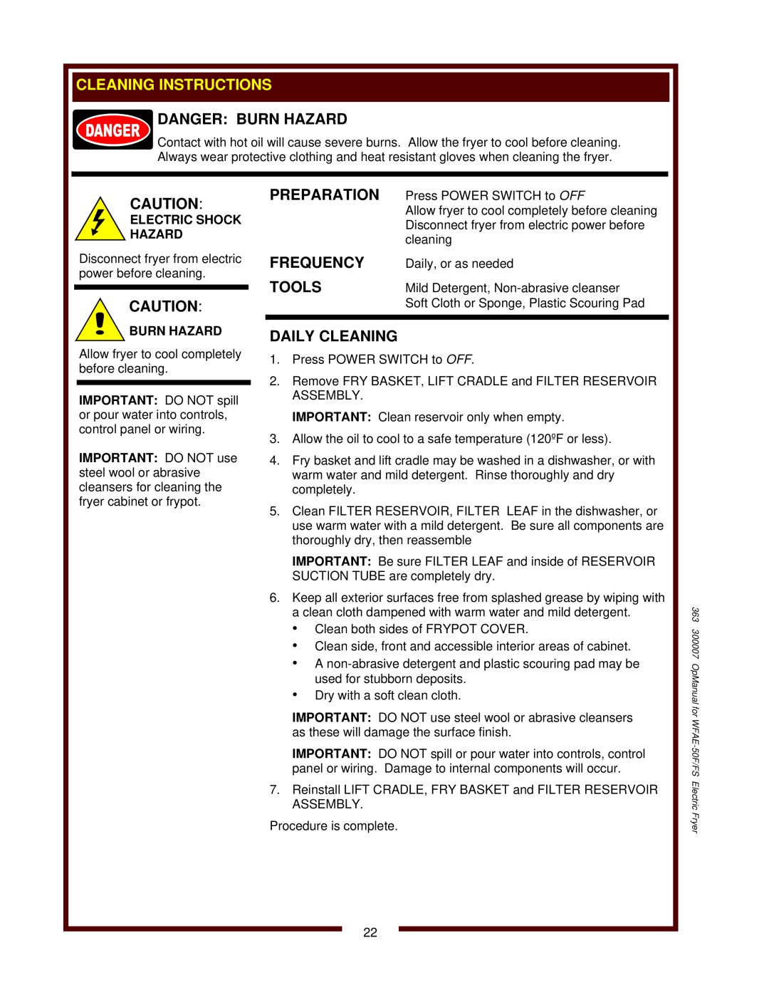 Bloomfield WFAE-55FS Cleaning Instructions, Danger Burn Hazard, Preparation, Frequency, Tools, Daily Cleaning 