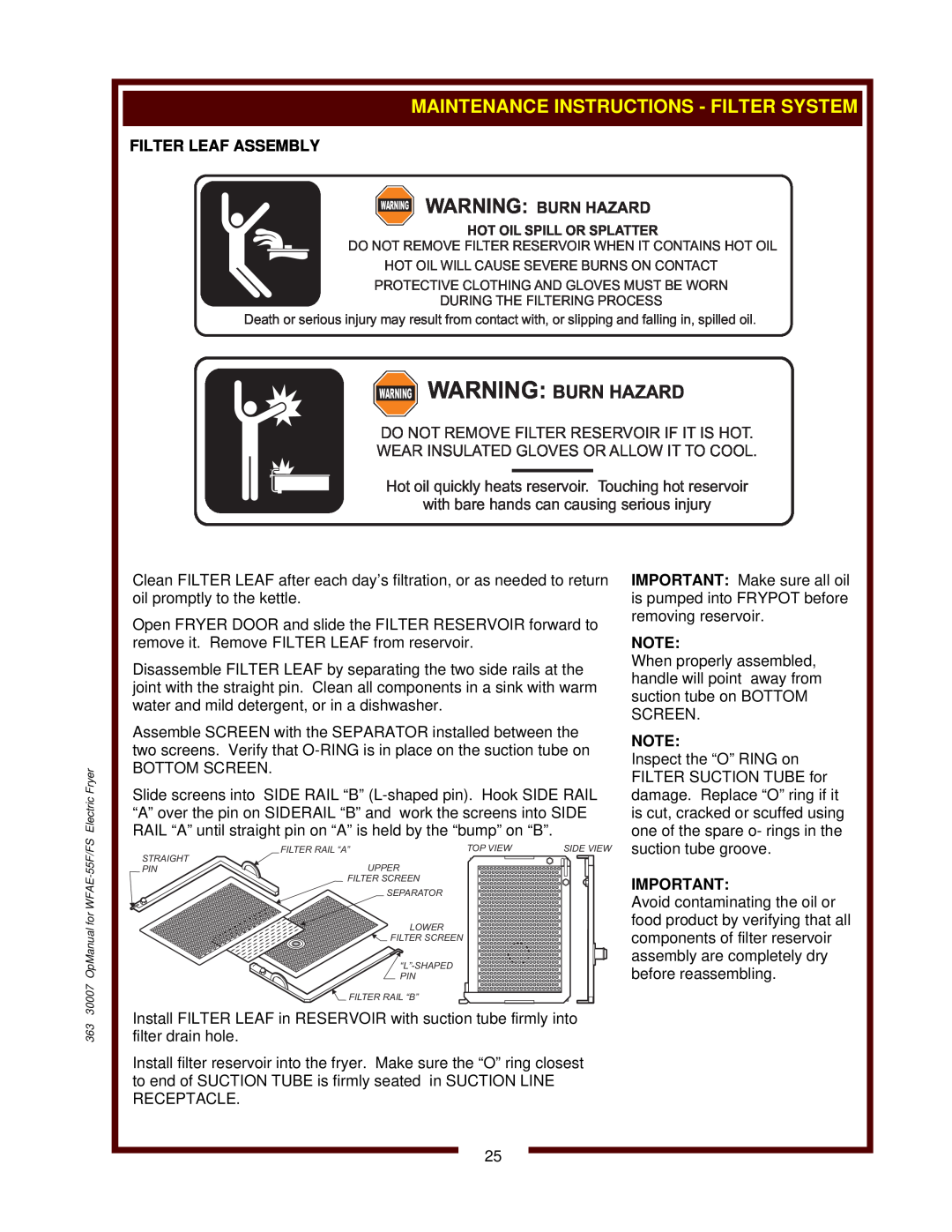 Bloomfield WFAE-55FS Warning Warning Burn Hazard, Do Not Remove Filter Reservoir If It Is Hot, Filter Leaf Assembly 
