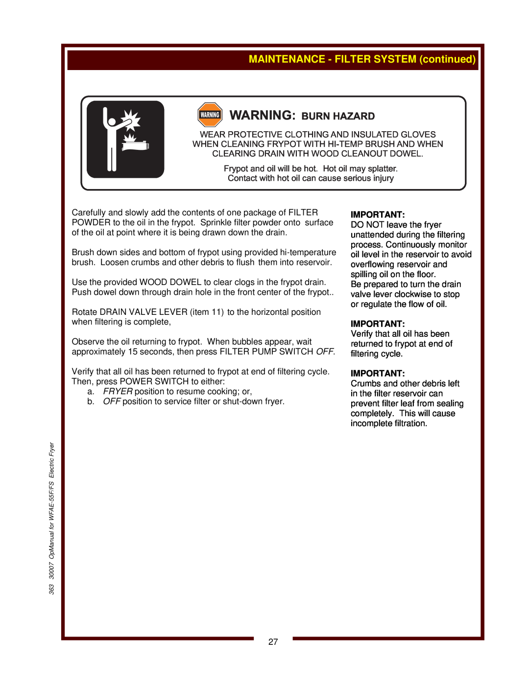 Bloomfield WFAE-55FS operation manual Warning Burn Hazard, Frypot and oil will be hot. Hot oil may splatter 