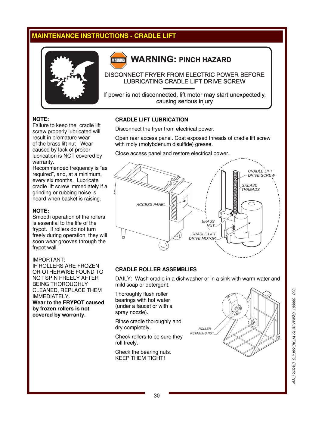 Bloomfield WFAE-55F Warning Warning Pinch Hazard, Maintenance Instructions - Cradle Lift, causing serious injury 