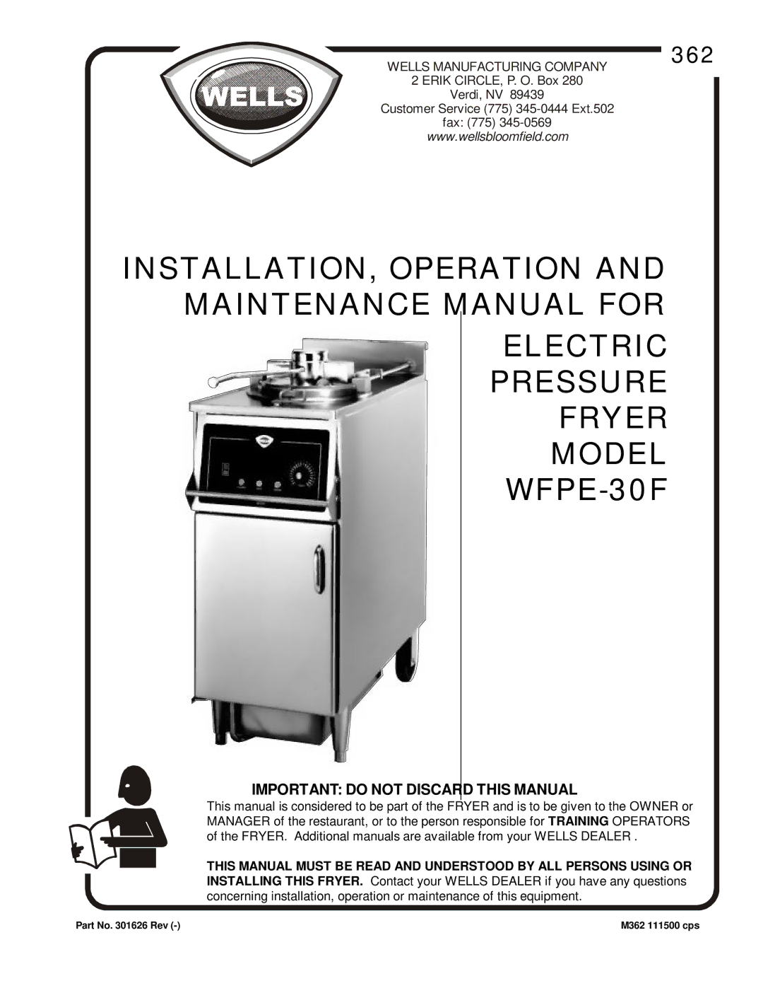 Bloomfield manual Electric Pressure Fryer Model WFPE-30F, Important do not Discard this Manual 