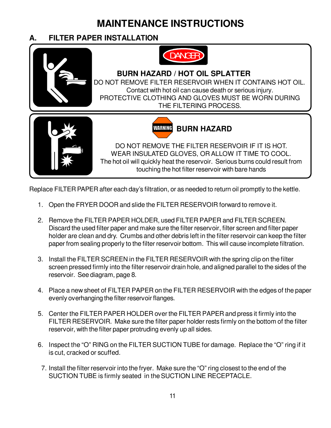 Bloomfield WFPE-30F manual Maintenance Instructions, Filter Paper Installation Burn Hazard / HOT OIL Splatter 