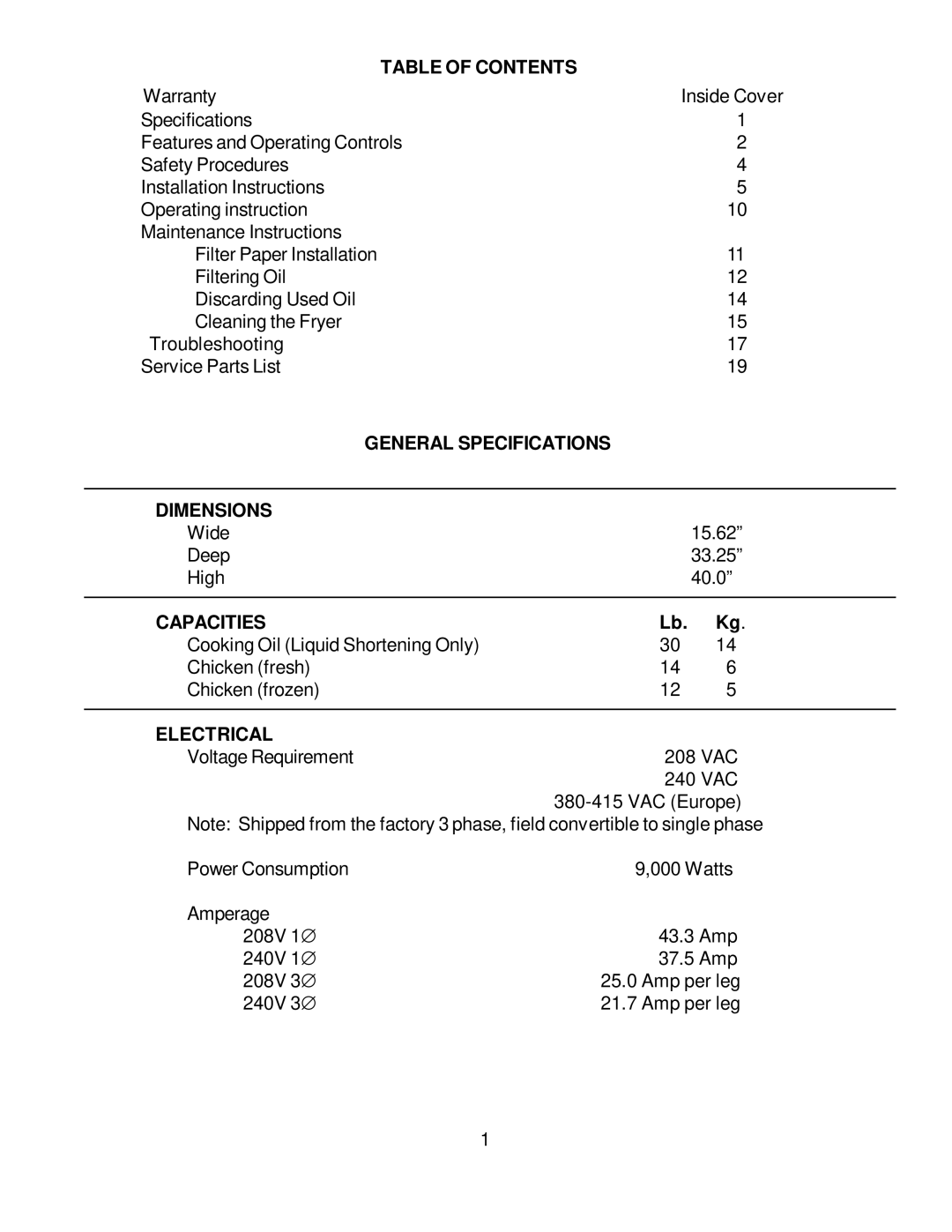 Bloomfield WFPE-30F manual Table of Contents, General Specifications Dimensions, Capacities, Electrical 