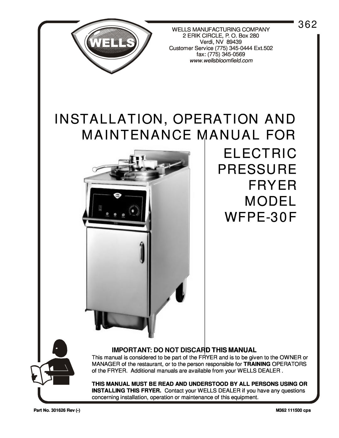 Bloomfield manual Important Do Not Discard This Manual, ELECTRIC PRESSURE FRYER MODEL WFPE-30F 