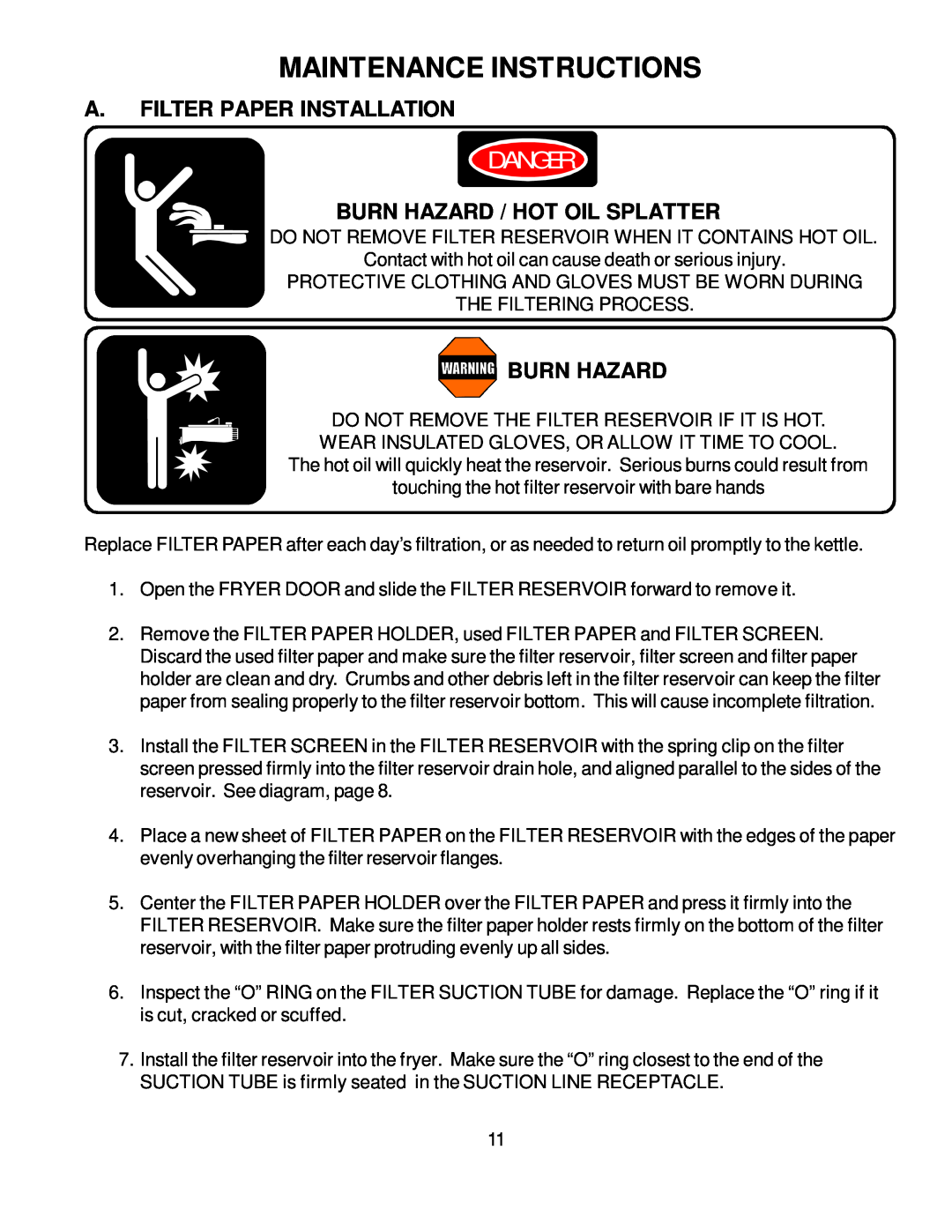 Bloomfield WFPE-30F manual Maintenance Instructions, A. Filter Paper Installation, Burn Hazard, Danger 