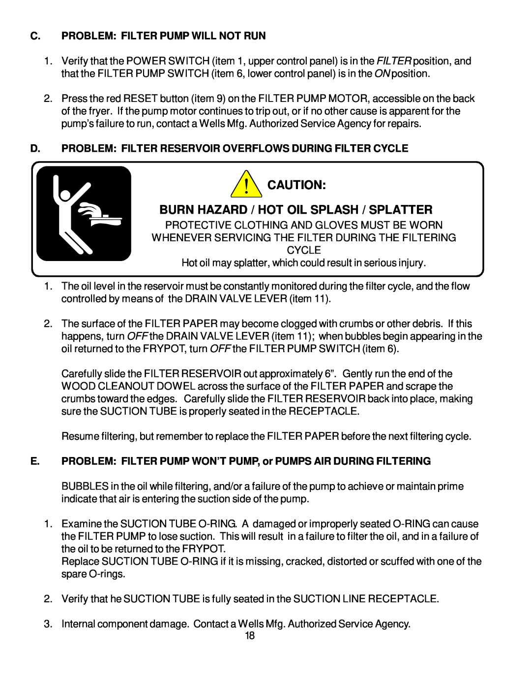 Bloomfield WFPE-30F manual Burn Hazard / Hot Oil Splash / Splatter, C. Problem Filter Pump Will Not Run 