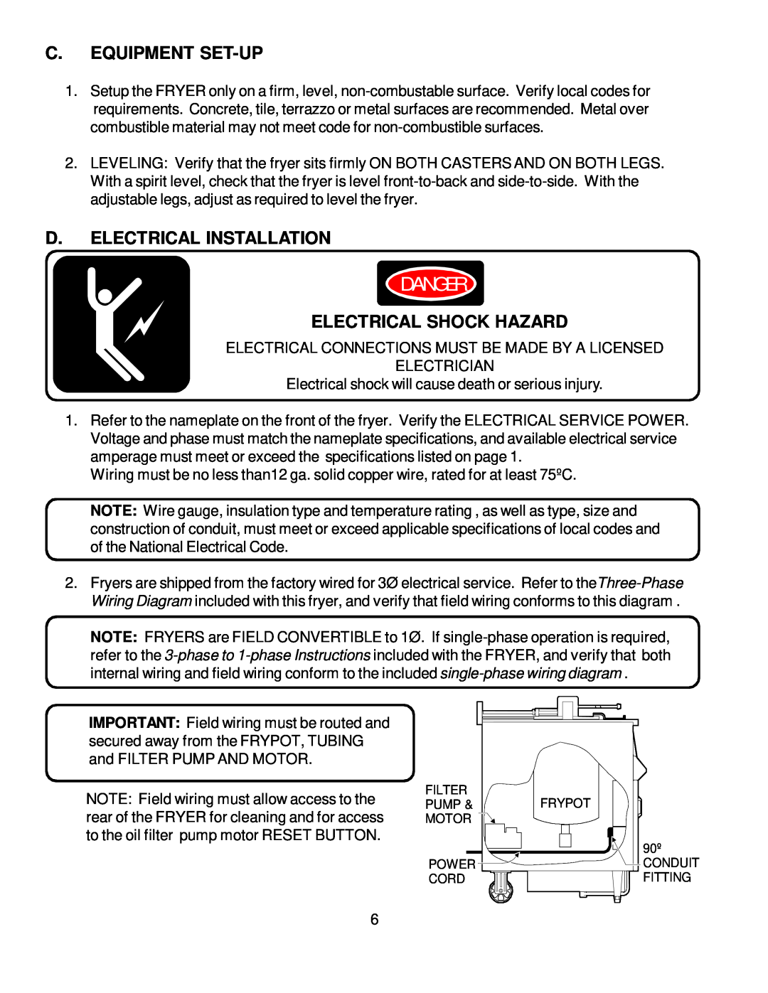 Bloomfield WFPE-30F manual Danger, C. Equipment Set-Up, D. Electrical Installation, Electrical Shock Hazard 
