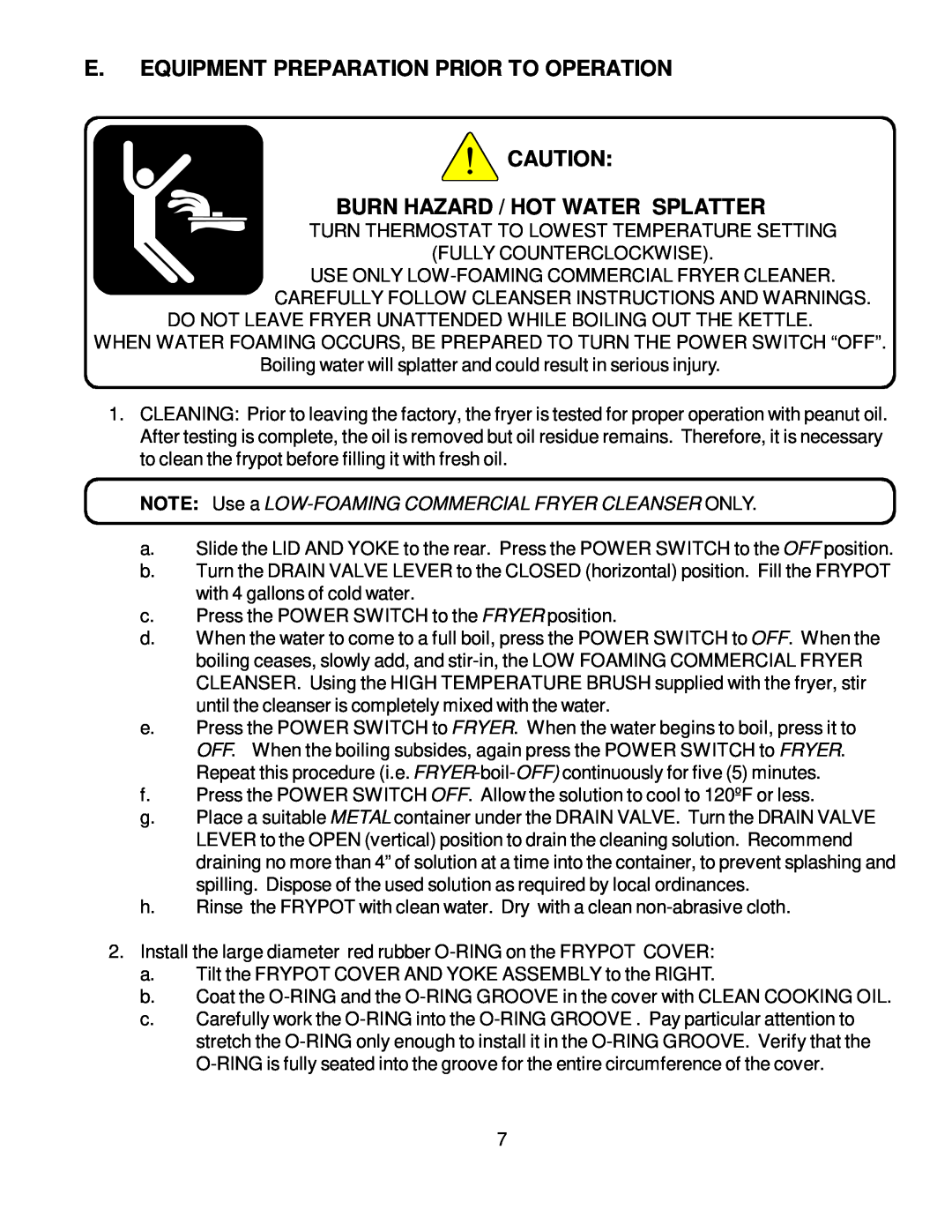 Bloomfield WFPE-30F manual E. Equipment Preparation Prior To Operation, Burn Hazard / Hot Water Splatter 