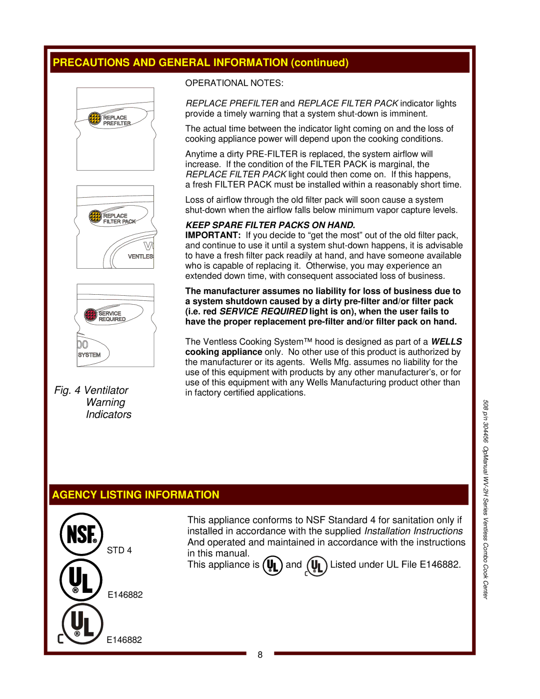 Bloomfield WV-2HSGRWT, WV-2HFGRWT operation manual Ventilator Indicators 