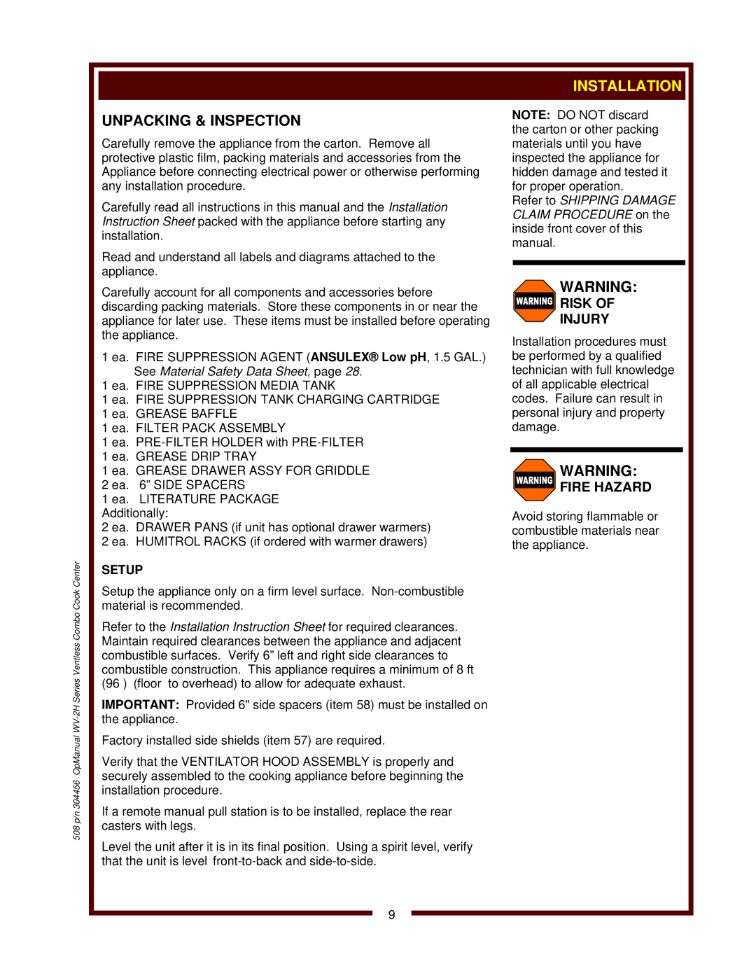 Bloomfield WV-2HSGRWT, WV-2HFGRWT operation manual Unpacking & Inspection, Installation, Risk Injury, Setup 