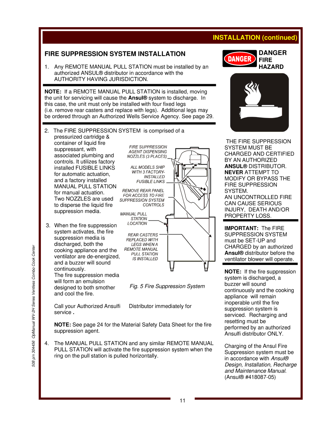 Bloomfield WV-2HSGRWT, WV-2HFGRWT operation manual Fire Suppression System Installation, Authority Having Jurisdiction 