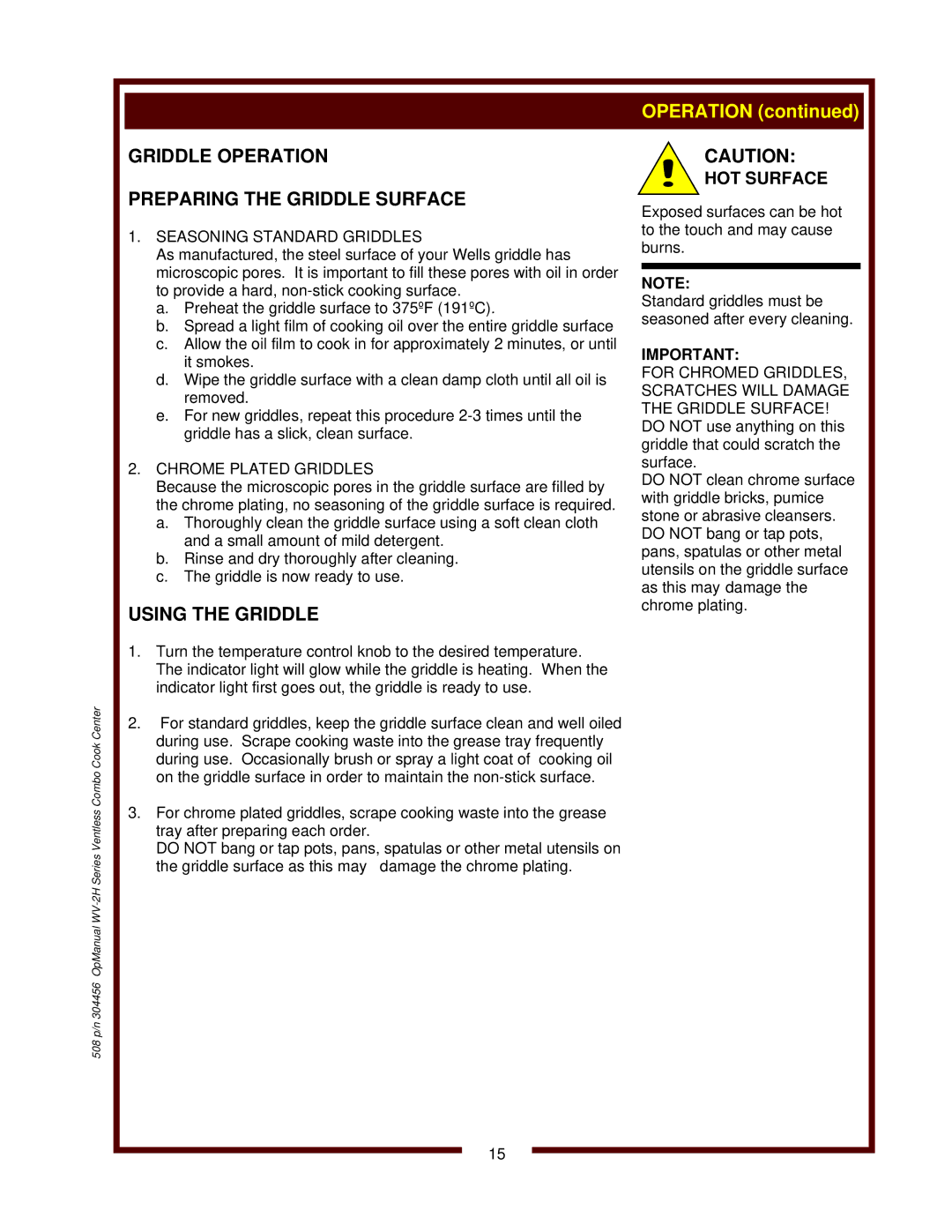 Bloomfield WV-2HFGRW Griddle Operation Preparing the Griddle Surface, Using the Griddle, Seasoning Standard Griddles 