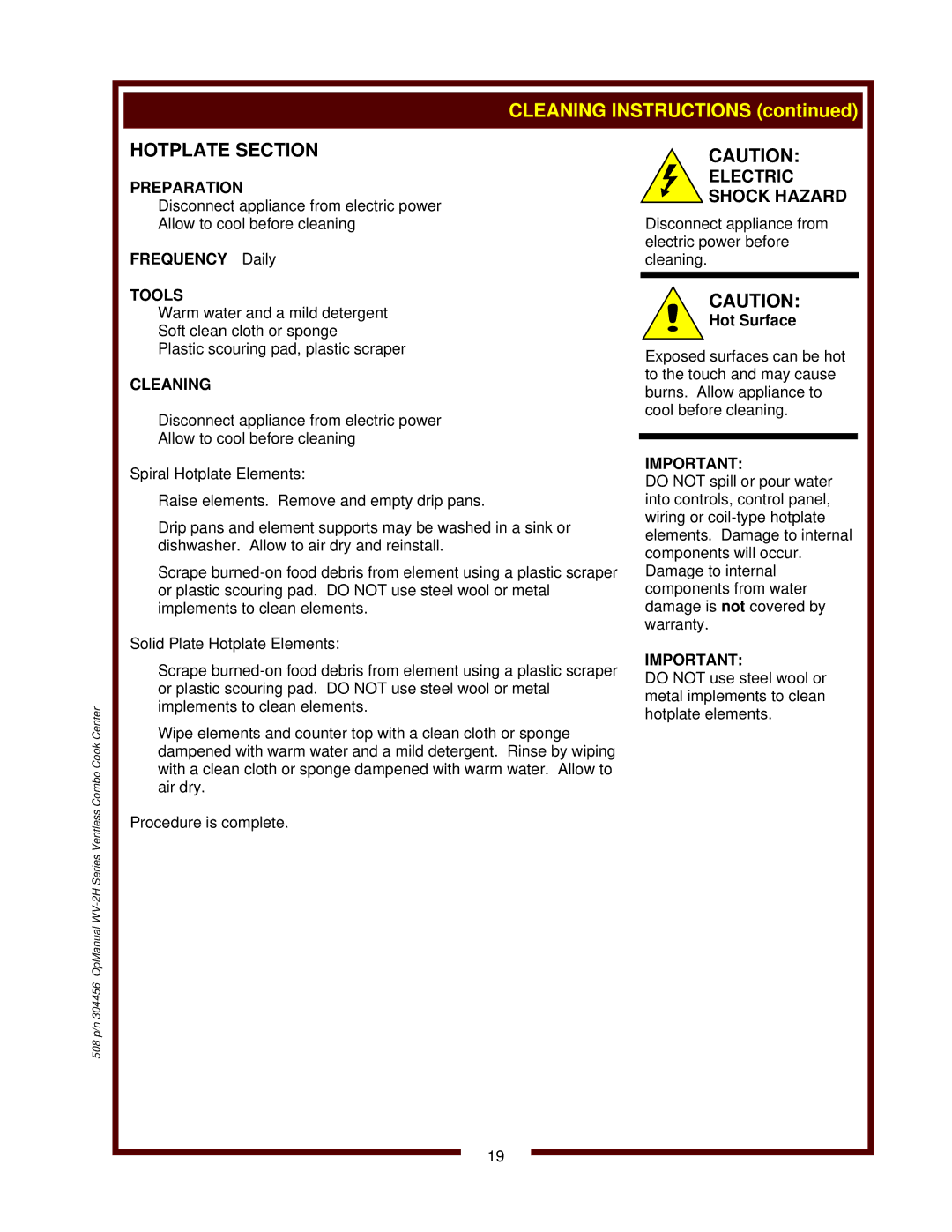 Bloomfield WV-2HSGRWT, WV-2HFGRWT operation manual Hotplate Section, Frequency Daily, Hot Surface 