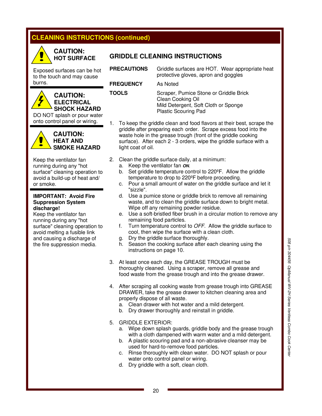 Bloomfield WV-2HFG Griddle Cleaning Instructions, Electrical Shock Hazard, Heat Smoke Hazard, Precautions, Frequency 