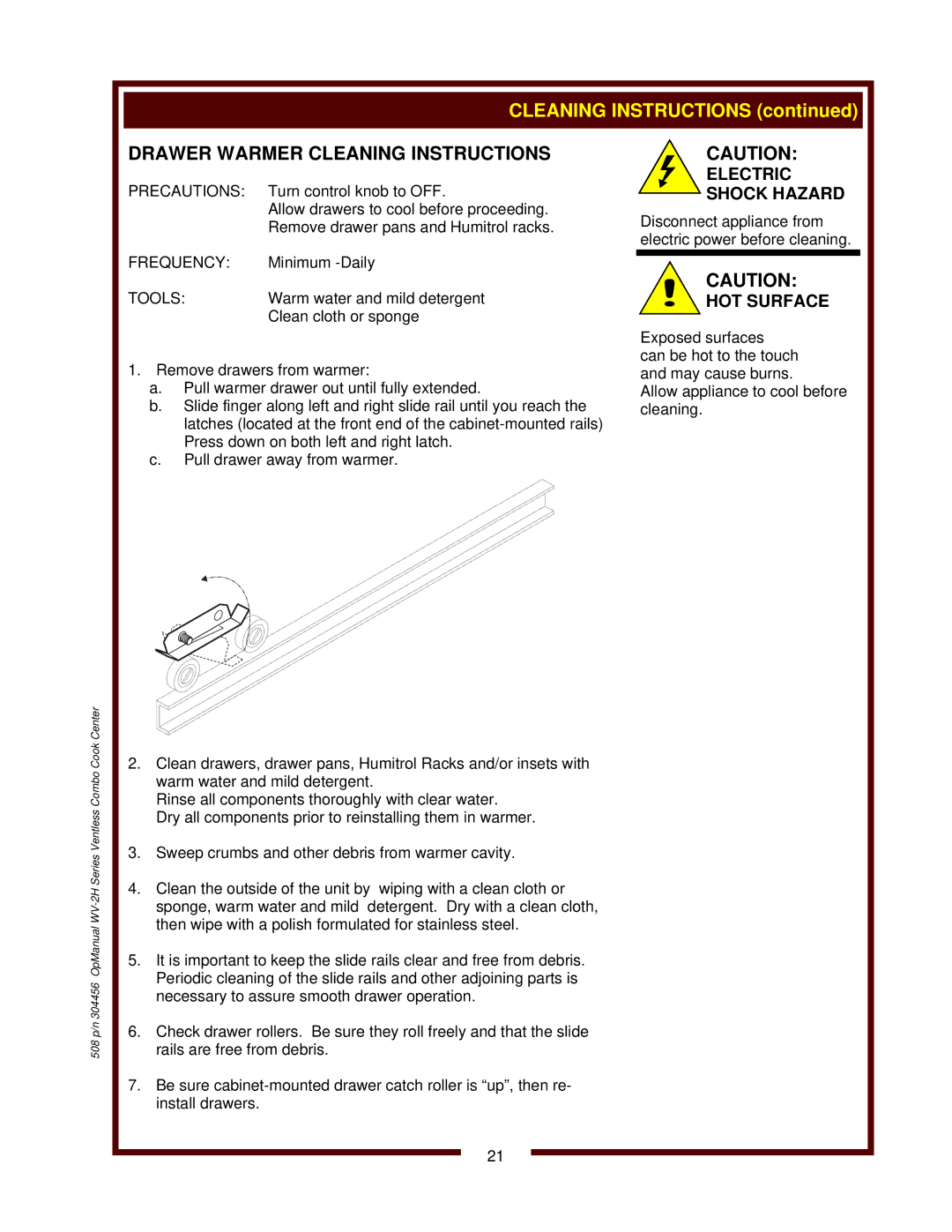 Bloomfield WV-2HSGRWT, WV-2HFGRWT operation manual Drawer Warmer Cleaning Instructions, Precautions, Frequency, Tools 